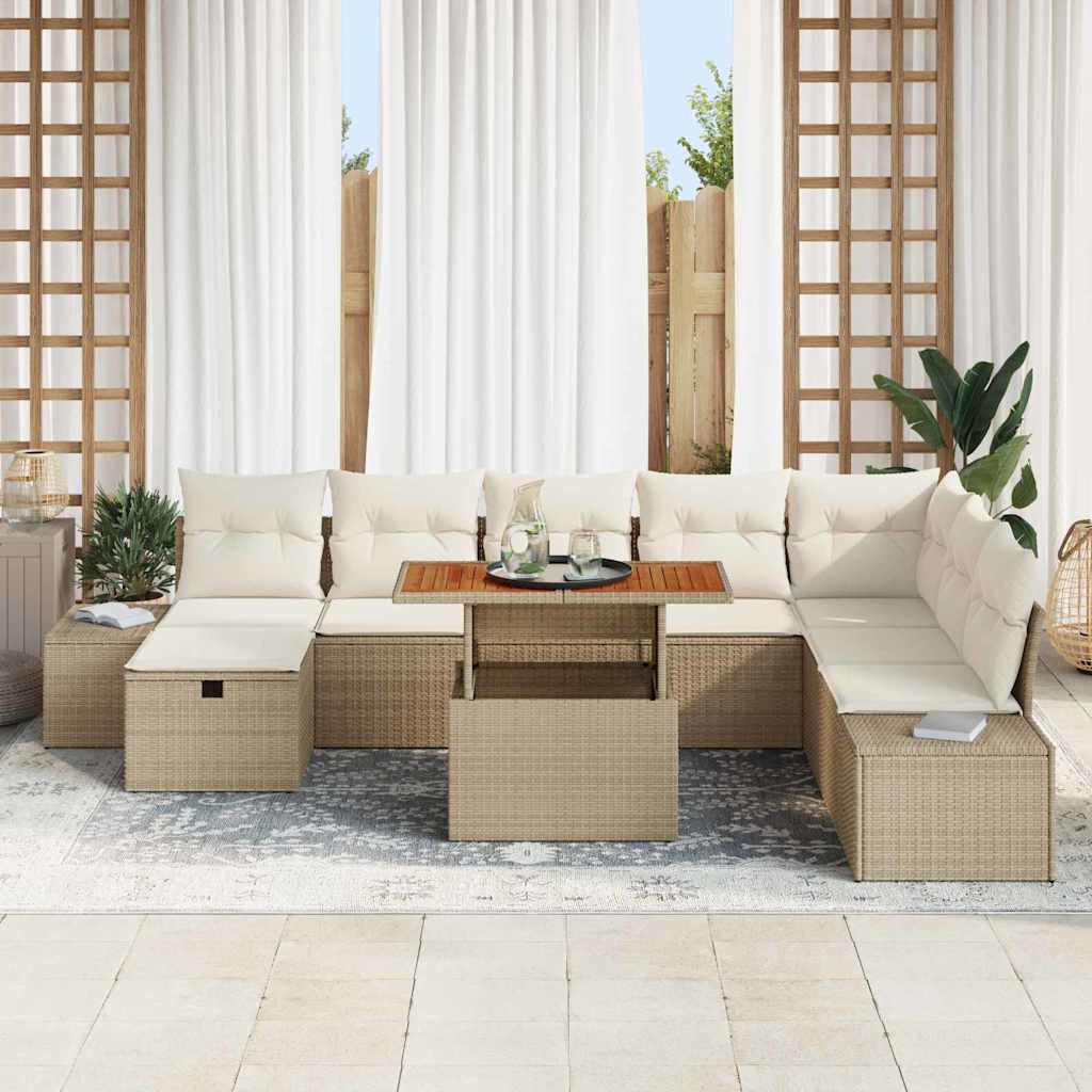 Garten-Sofa-Set mit Kissen mit Speicher 9 pcs Beige Poly Rattan